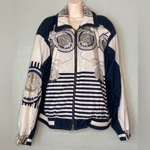 Vintage Unisex East West Navy & White Striped Nautical Windbreaker Jacket